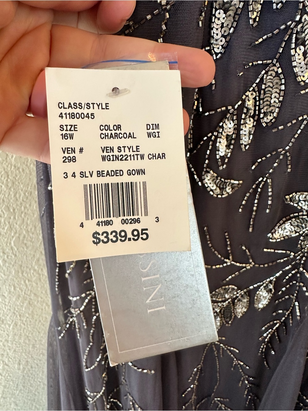 Oleg Cassini three quarter sleeve beaded gown with godets charcoal SZ 16w NWT - Picture 5 of 7